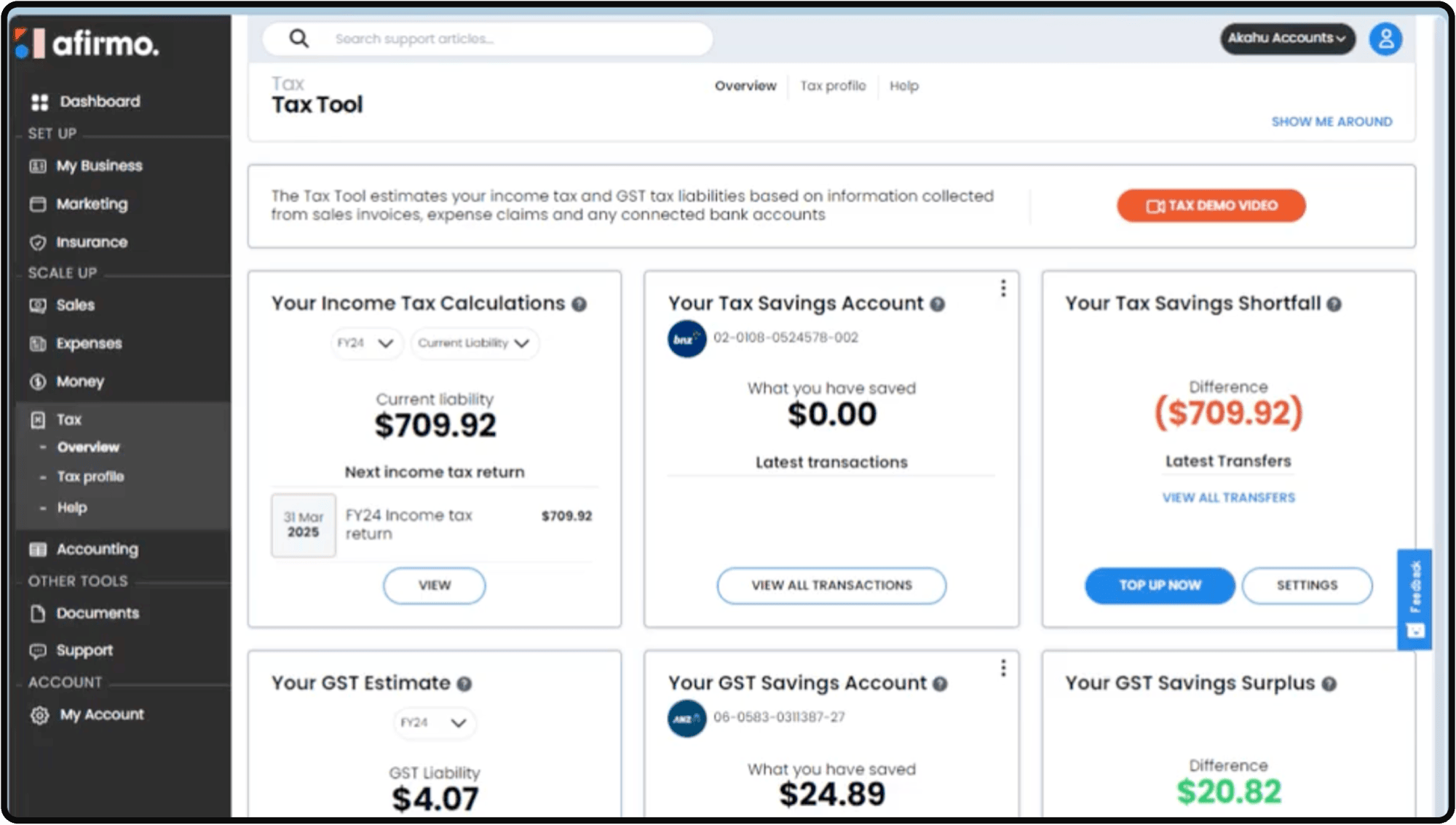 The original Afirmo Tax Tool, showing every figure at once